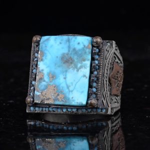Gerçek Doğal Arizona Turkuaz Taş Yüzük - 925 Ayar Gümüş İslami Yüzük - El Yapımı Vintage Tasarım - Görsel 4