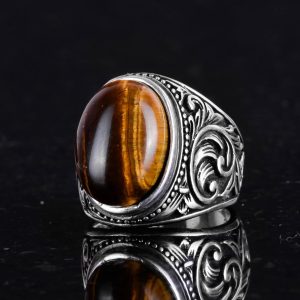 925K Katı Gümüş Erkek Yüzük, El Yapımı Kaplan Göz Taşı Yüzük - Cesur Tasarım - Görsel 5