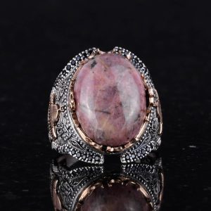 Gümüş Camii Yüzük, Rhodonit Doğal Taş Yüzük, 925 Ayar Gümüş Erkek Yüzük - Görsel 4