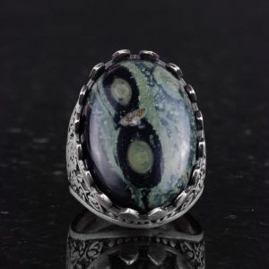 Gerçek Doğal Taş Yüzük - Gül Desenli Yüzük - 925 Ayar Gümüş Yüzük - El Yapımı Büyük Yüzük (Yeşil Göz) - Görsel 4