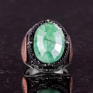 İslami Gümüş Yüzük, Doğal Zümrüt Taşlı Yüzük - 925 Ayar Sert Gümüş Yüzük Erkekler İçin - Görsel 4