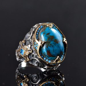 Erkek Yüzük, Gerçek Doğal Azurit Taş Yüzük, 925 Ayar Gümüş Yüzük Erkekler İçin, Yığma Yüzük Mavi - Görsel 3