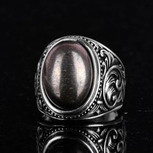 925 Ayar Sert Gümüş Erkek Yüzük, El Yapımı Doğal Pirit Taşlı Yüzük - Refah Manifestasyonu Tasarımı - Görsel 5