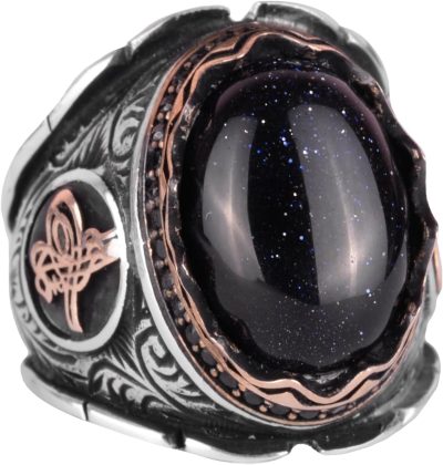 Ottoman Tugra Mavi Güneş Taşı Yaratılmış Taş Yüzük, 925 Ayar Gümüş Yüzük - Görsel 1