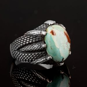 925 Ayar Gümüş Erkek Yüzük, Doğal Arizona Turkuaz Taşlı Yüzük, Pençe Yüzük - Görsel 4
