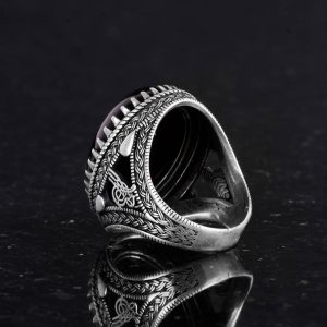 El Yapımı Doğal Taş Yüzük, 925 Ayar Gümüş Erkek Yüzük ile Osmanlı Mührü - Görkemli ve Şahane Tasarım (Obsidyen) - Görsel 6
