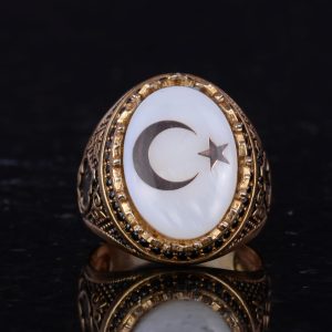 925 Ayar Gümüş Altın Kaplama Erkek Yüzük - Hilal ve Yıldız Tasarımı (Beyaz) - Görsel 4