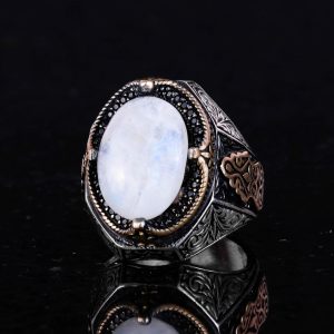 Doğal Ay Taşı Taş Yüzük - Gizemli 925 Ayar Sert Gümüş Erkek Yüzüğü, Ay Işığı Tasarımı - Görsel 4