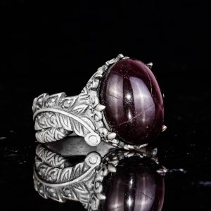 Erkekler için 925 Ayar Gümüş Yüzük ile Doğal Yıldız Garnet Taşı - El Yapımı Yaprak Desenli İfade Yüzüğü - Görsel 6