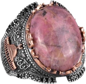 Gümüş Camii Yüzük, Rhodonit Doğal Taş Yüzük, 925 Ayar Gümüş Erkek Yüzük - Görsel 1