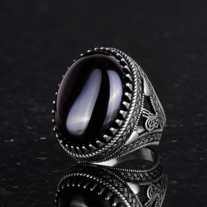El Yapımı Doğal Taş Yüzük, 925 Ayar Gümüş Erkek Yüzük ile Osmanlı Mührü - Görkemli ve Şahane Tasarım (Obsidyen) - Görsel 5