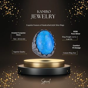 925 Ayar Gümüş Yüzük - Gül Desenli Yüzük - Erkekler için Oluşturulmuş Taş Yüzük (Oluşturulmuş Turkuaz) - Görsel 2