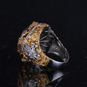 Gerçek Doğal Taş Yüzük - Erkekler için Sultan Yüzüğü - Altın Kaplama 925 Ayar Gümüş Yüzük - El Yapımı Yüzük (Kırmızı safir) - Görsel 7