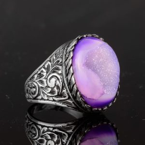Gerçek Doğal Druzy Kristal Kuvars Taş Yüzük, Erkekler İçin Doğum Taşı Yüzüğü, Gümüş Yüzük - Görsel 6