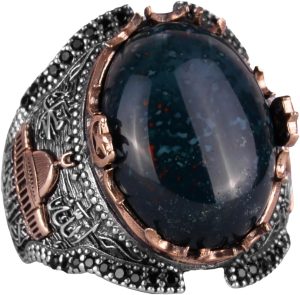 925 Ayar Katı Gümüş Yüzük, Camii Yeşil Kan Taşı Yüzük