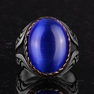 925 Ayar Gümüş Yüzük - Yapay Taş Gümüş Yüzük - El Yapımı Yüzük (Yapay Koyu Mavi Göz Taşı) - Görsel 4