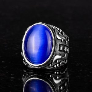 925 Ayar Gümüş Yüzük, Tasarım Gümüş Erkek Yüzük (Lacivert Kedi Gözü Taşı) - Görsel 5