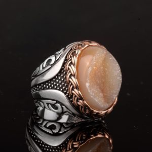 Gerçek Doğal Druzy Kristal Kuvars Taşı Yüzük, Doğum Taşı Yüzüğü, 925 Ayar Gümüş Yüzük (Sarı) - Görsel 6