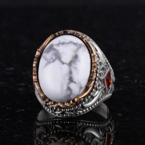 Gerçek Doğal Taş Yüzük - El Yapımı 925 Ayar Gümüş Yüzük - El Yapımı Yüzük (Howlite) - Görsel 6