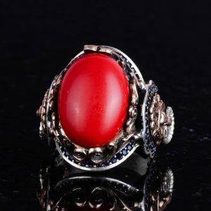 Kırmızı Mercan Taşı Yüzük, 925 Ayar Gümüş Erkek Yüzüğü, Aslan Sembolü Yüzüğü, Hayvan Gümüş Yüzüğü - Görsel 5