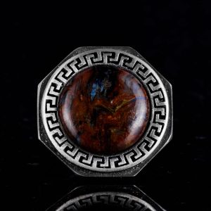 Gerçek Doğal Taş Yüzük - 925 Ayar Saf Gümüş El Yapımı Erkek Yüzük (Pietersite) - Görsel 4