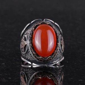 El Yapımı Doğal Kırmızı Akik Taşı Yüzük, Osmanlı Gümüş Tuğra 925 Sert Gümüş Yüzük Erkekler İçin - Görsel 4