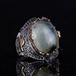 925 Ayar Katı Gümüş Erkek Yüzük, Cami Prehnit Taşlı Yüzük, El Yapımı Şıklık - Görsel 2