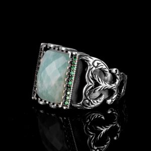 Akuamarin Erkek Yüzüğü, 925 Ayar Gümüş Yüzük, Gerçek Doğal Akuamarin Taşlı Yüzük - Görsel 5