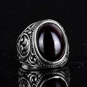925 Ayar Katı Gümüş Erkek Yüzük, Gerçek Doğal Cabochon Garnet Taş Yüzük, Tasarım Gümüş Erkek Yüzük - Görsel 5