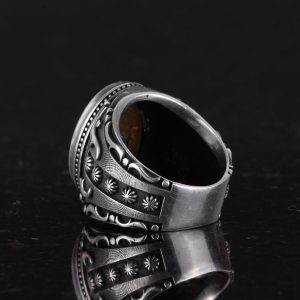 925 Ayar Katı Gümüş Erkek Yüzük, Süslemeli Agat Taşlı Yüzük - El Yapımı Zarafet - Görsel 6