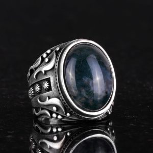 925 Ayar Katı Gümüş Erkek Yüzük, Süslemeli Agat Taşlı Yüzük - El Yapımı Zarafet - Görsel 5