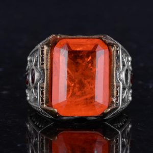 925 Ayar Gümüş El Yapımı Erkek Yüzük - Yapay Taş Yüzük - Erkek Yüzük (Yapay turuncu paraiba) - Görsel 4