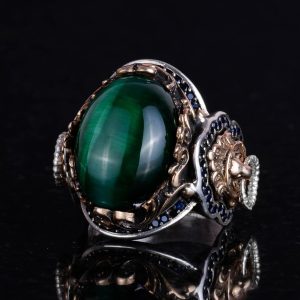 Aslan Sembolü Yüzük, Yeşil Kedi Gözü Taşlı Yüzük, 925 Ayar Gümüş Erkek Yüzük - Görsel 6