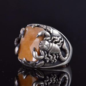 El Yapımı 925 Ayar Gümüş Yüzük, Gerçek Doğal Sarı Safir Taşı ve Akrep Tasarımı - Erkekler İçin Takı - Görsel 4