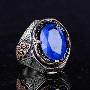 Navy Mavi Paraiba Yapay Taş Yüzük, 925 Ayar Gümüş Yüzük, Şık El Yapımı Gümüş Erkek Yüzüğü - Görsel 5