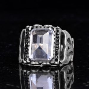 Sterling Gümüş Erkek Yüzük Doğal Kristal Taş Dikdörtgen Şekilli Erkek Yüzük - Görsel 6