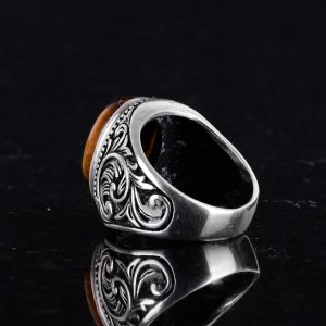 925K Katı Gümüş Erkek Yüzük, El Yapımı Kaplan Göz Taşı Yüzük - Cesur Tasarım - Görsel 7