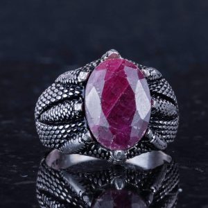 Doğal Kırmızı Yakut Taşlı Sterlin Gümüş Pençe Yüzük - Görsel 5