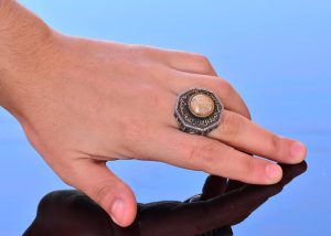 Gerçek Doğal Taş Yüzük - 925 Ayar Gümüş Erkek İslami Özel Yüzük Al-Aksa Camii Tasarımı (Sarı Safir) - Görsel 6