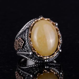 Doğal Sarı Akik Taş Yüzük, 925 Ayar Sert Gümüş Yüzük Erkekler İçin - Görsel 5