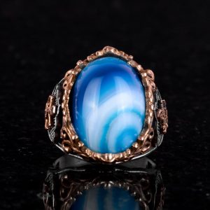 Gerçek Doğal Mavi Akik Taş Yüzük, Denizci Aksesuarlı Yüzük, 925 Ayar Gümüş Yüzük Erkekler İçin - Görsel 5