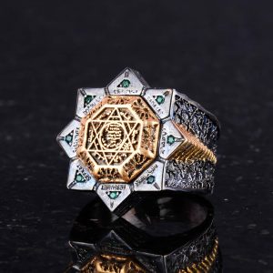 El Yapımı 925 Ayar Gümüş Erkek Yüzük - Davud Yıldızı ve Süleyman Mührü Tasarımlı Yüzük (Yeşil Zirkon) - Görsel 4