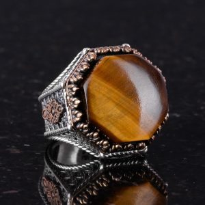 Gerçek Doğal Taş Yüzük - Sekizgen Tasarım - El Yapımı 925 Ayar Gümüş Takı (Kaplan Göz) - Görsel 5