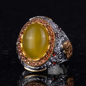 Gerçek Doğal Taş Yüzük - Sultan Yüzük - 925 Ayar Gümüş Yüzük Erkekler İçin (Sarı akik) - Görsel 6