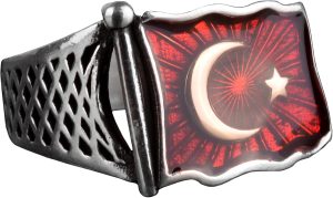 Ay Yıldız Bayrak Gümüş Erkek Yüzük, Türk Bayrağı Motifi Yüzük, 925 Ayar Gümüş Erkek Yüzük - Görsel 1