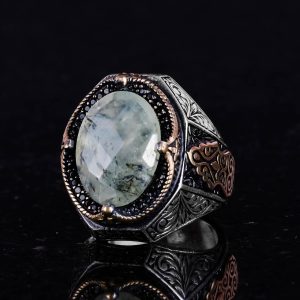 El Yapımı Prehnit Yeşim Taşı Yüzük - Şifa Veren 925 Ayar Gümüş Erkek Yüzüğü - Huzur ve İçgörü Tasarımı - Görsel 5