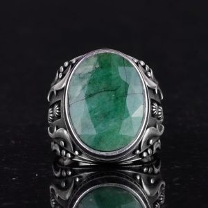 925K Saf Gümüş Erkek Yüzük, El Yapımı Doğal Zümrüt Taşlı Yüzük, Tasarım Gümüş Erkek Yüzük - Görsel 4