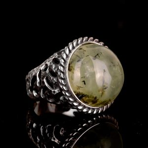 925 Ayar Gümüş Erkek Yüzük, Doğal Prehnit Taşı, Doku Detaylı Bant, Yeşil Prehnit Taşı - Görsel 4