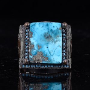 Gerçek Doğal Arizona Turkuaz Taş Yüzük - 925 Ayar Gümüş İslami Yüzük - El Yapımı Vintage Tasarım - Görsel 5