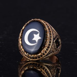 925 Ayar Gümüş Altın Kaplama Erkek Yüzük - Hilal ve Yıldız Tasarımı (Siyah) - Görsel 5